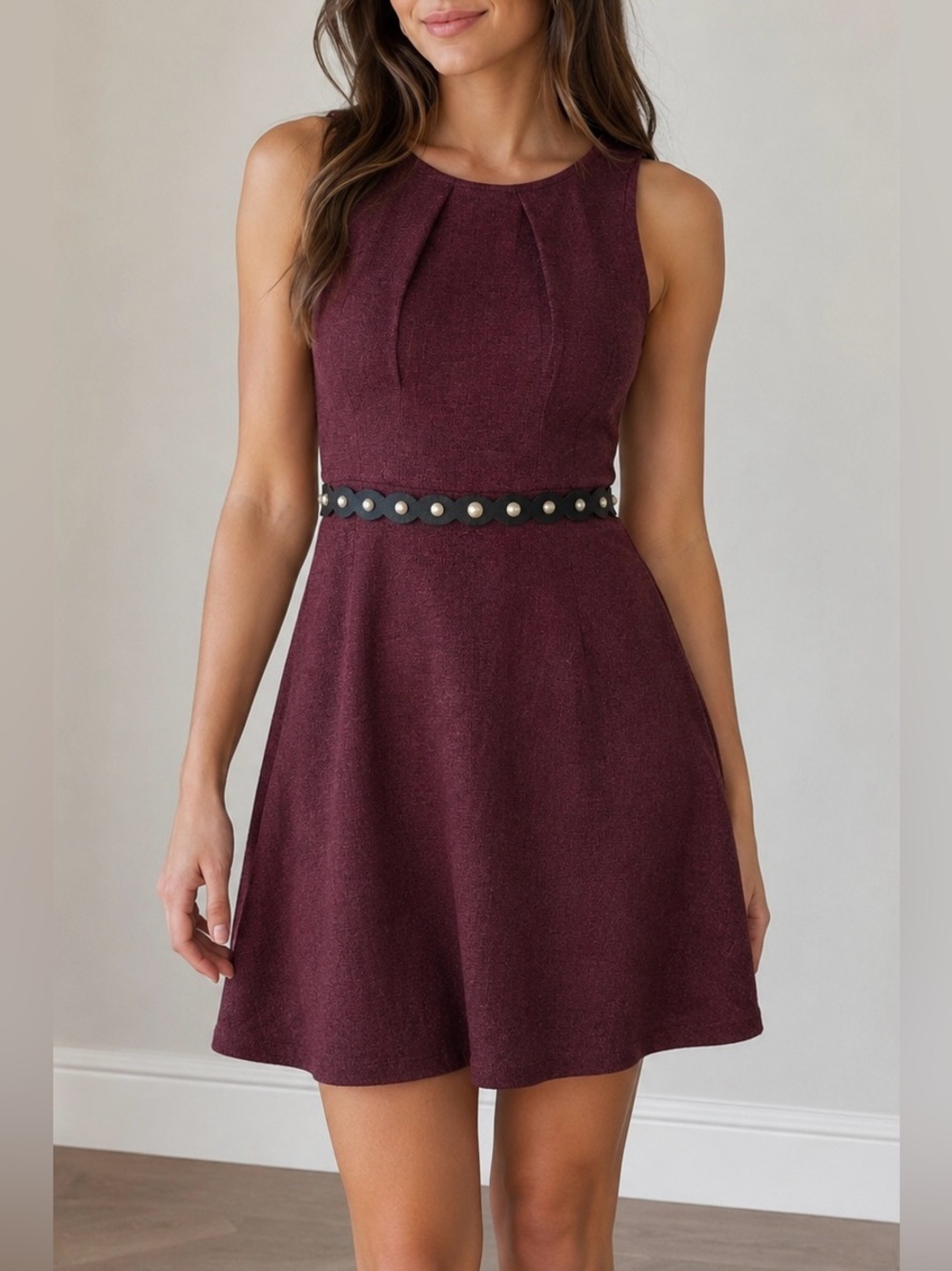 Elle XS Wine Sleeveless Fit & Flare Dress Pearl Belt Cocktail Party